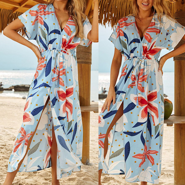 Kvinnors Halvärmels Badkläder Cover Up Boho Geometrisk Tryckt Strand Maxi Klänning Kaftan Colorful flower bloc