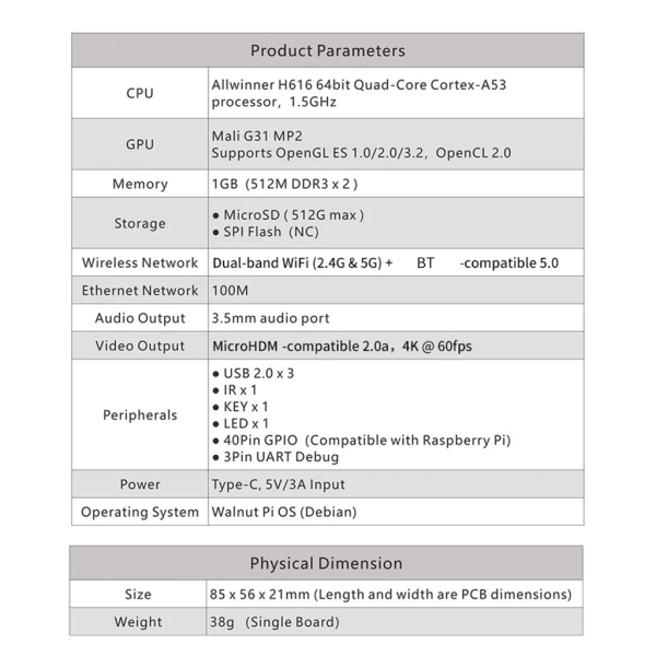 För WalnutPi 1B H616 1GB RAM WiFi Development Board Programmering Alternativ lösning Enkelkortstillbehör