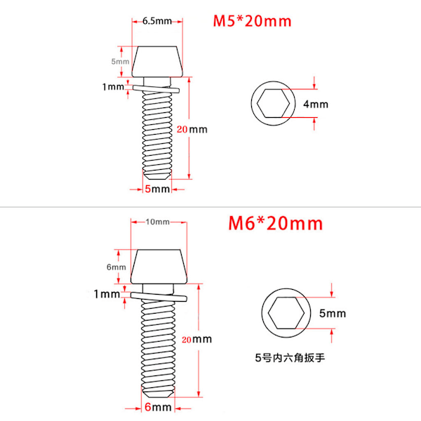 5 stk. Cykelscrew M5x20mm / M6x20mm Med Spacer Styrforhøjer Dele MTB Landevej Cykel M5