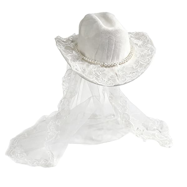 Romantisk Cowboyhatt med Perlebroderi Blomsterslør Fedorahatt til Bryllup
