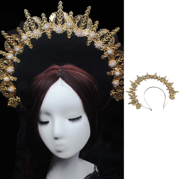 Lolita Halo Crown för kvinnor Gotisk ihålig präglad Moon Tiara Vintage Pearl Dekor Huvudbonader Dekorativ Lyx Hårbåge