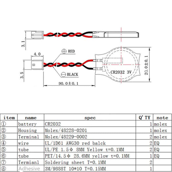 5 stk. Notebook BIOS CMOS-batteri til bærbar computer CR2032 2P bundkort med ledning