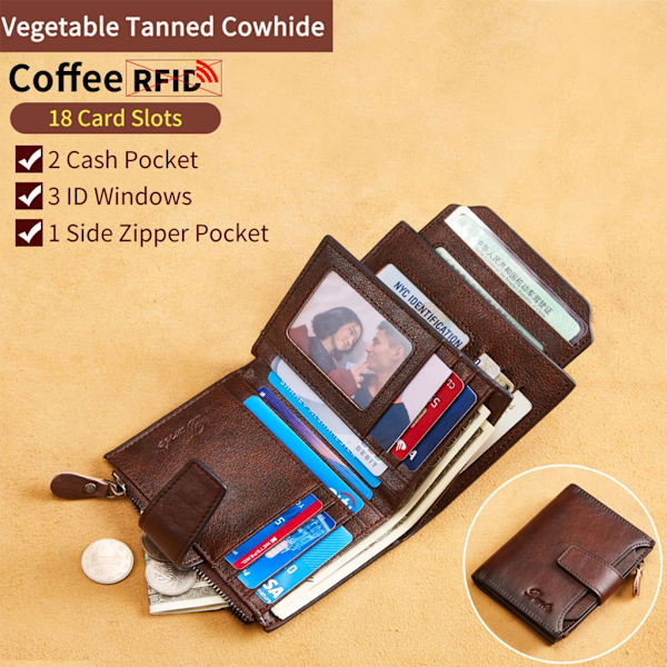 RFID-blockerande kort plånbok läder kreditkortshållare myntväska för män Coffee