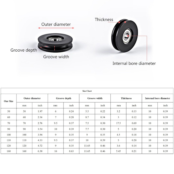 Nylonlagerremskiva, rund svart hjul kabel gym fitness utrustning delar Diameter 90mm