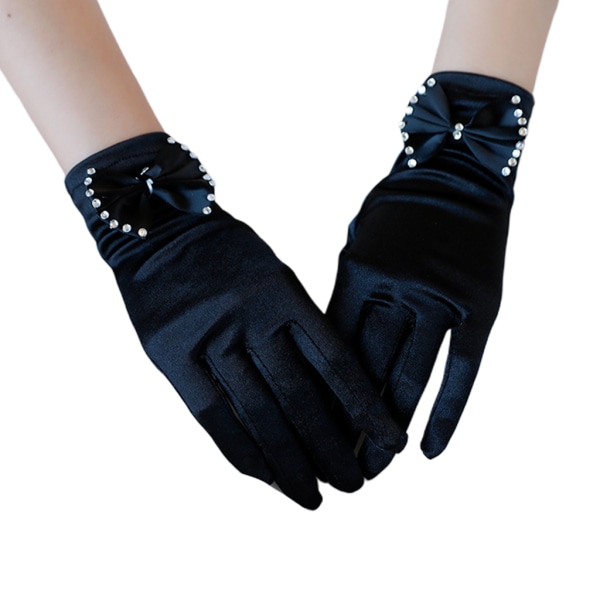 Kvinnor Flickor Svarta Satin Handskar för Rhinestone Bowknot Bröllop Full Finger Mitten
