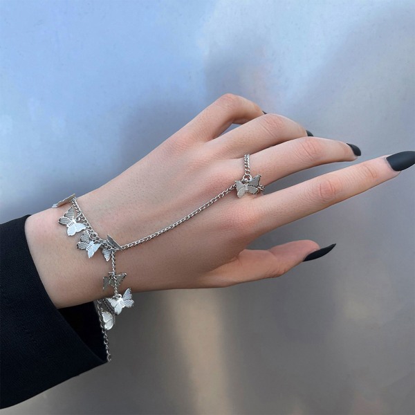 Silver Butterflies Hand Sele Armband Länkat Finger Armband Finger Ring Delikat Justerbart Kedje Armband för kvinnor