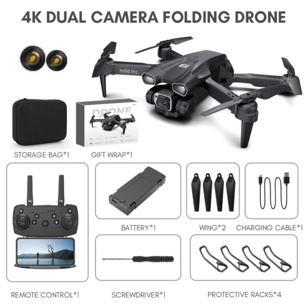 Drone med kamera för vuxna 4K UltraHD FPV Live Video 150° vidvinkel, Altitude Hold, Headless Mode, Gesture Selfie null - A