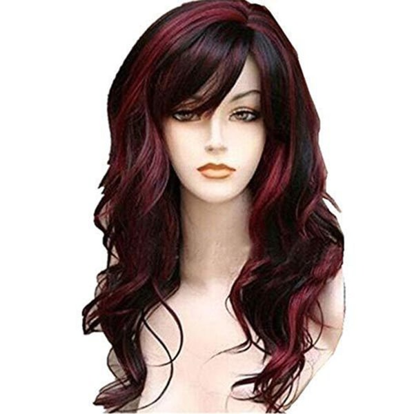 Naturligt vin Röd Kvinnor Peruk Höjdpunkter Bangs Ombre Curly Wavy Peruker Långt mode C
