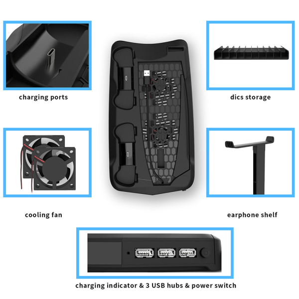 Vertikalt stativ med kylfläkt för konsol och Digital Edition Laddstationsdocka med dubbla laddarportar