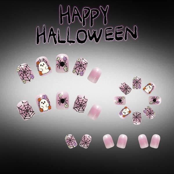 Web Flower Halloween Press On Manicure Sæt Lavendel Gradient