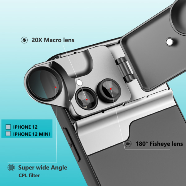 Telefonkamera Linssats Fisheye vidvinkel makro Lins CPL Filter Kalejdoskop och 2X teleskop Lins Passar för smartphones IPhone12mini B