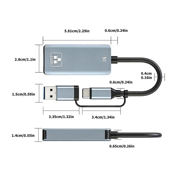 2.5G Type C/USB til RJ45 Gigabit Ethernet-adapter kablet nettverkskonverterer