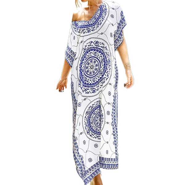 Kvinder Strand Løs Maxi Kjole Bikini Cover Up Etnisk Blomster Cirkel Trykt Tyrkisk Kaftan Sexet V-Hals Split Lang Robe Blue