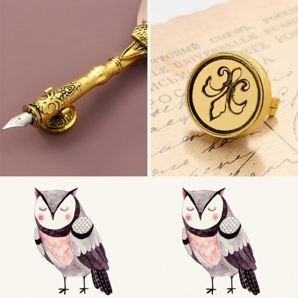 Retro kalligrafi Quill Owl Feather Dip Pen med spets vax sigill stämpel presentförpackning White