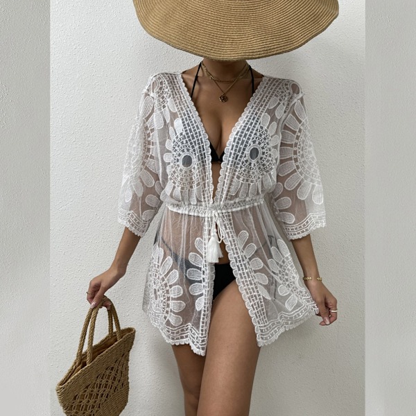 Dam Sommar Baddräkt Solskydd Överdrag Solid Lös Strandkläder Cardigans White