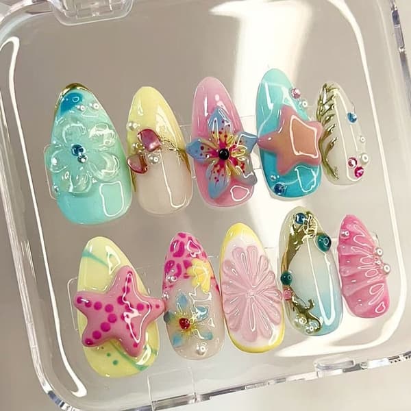 3D Blomster Mandel Press On Manicure Sæt i Blød Gradient Fransk Stil