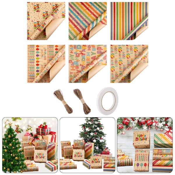 Presentpapper med blandade designer, korttejp och halmsnöre för vän