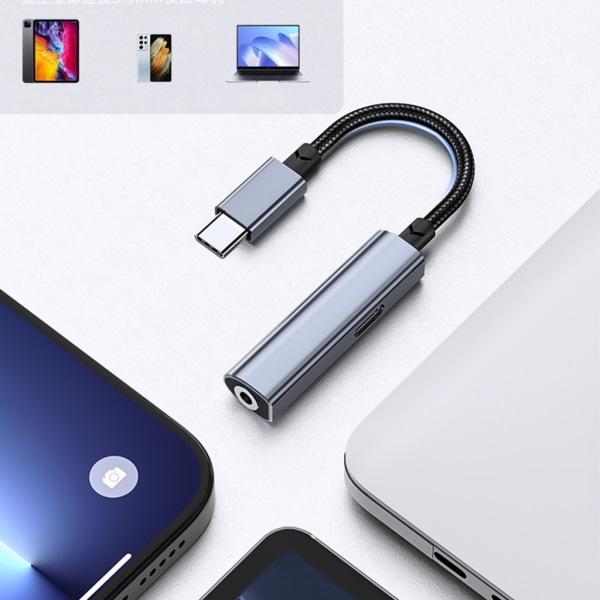 Typ-C till 3,5 mm/ USB C-konverterare hörlursadapter Nylon adapterkabel Black