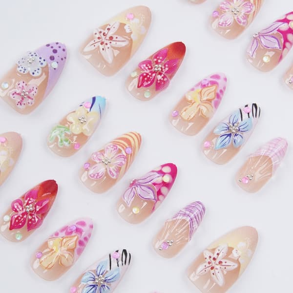 Quick Style Press-On Sæt med 3D Blomst og Gradient Farve
