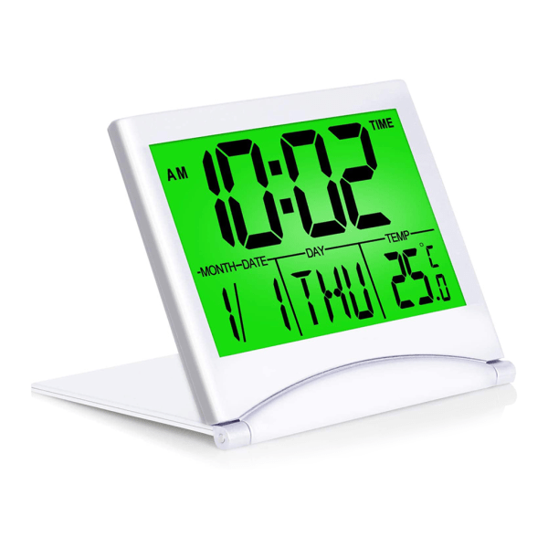 Digital reseväckarklocka LCD-skärmklocka med bakgrundsbelysning Kalendertemperatur för resande hem i sovrummet Barn Vuxen Snooze Fällbara väckarklockor