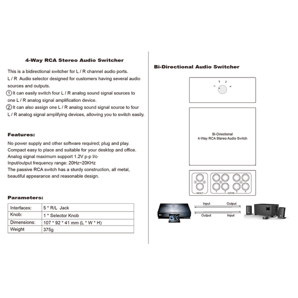 Professionell Audio Switch Splitter RCA Stereo Switcher Selector Switch Box Förlustfri signalöverföring Svarta skal