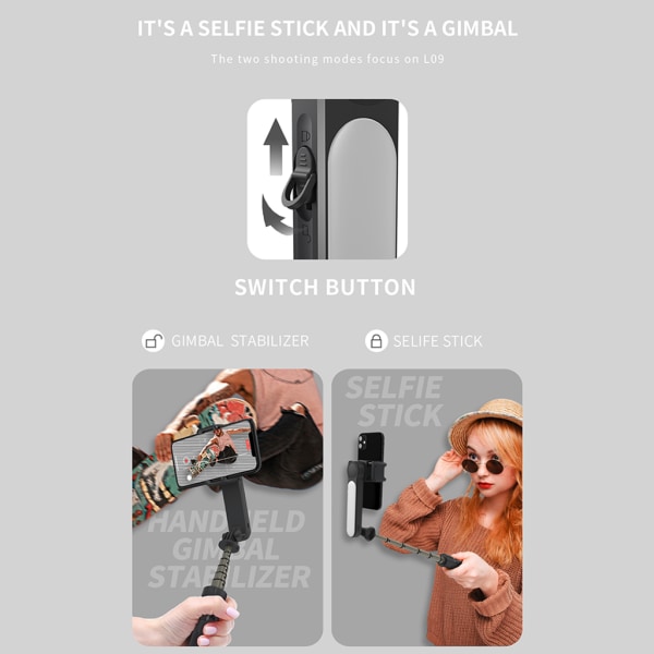 Bärbar kardanstabilisator för smartphone med utdragbar telefon Selfie Stick och stativ, fjärrkontroll 360° automatisk rotation Black