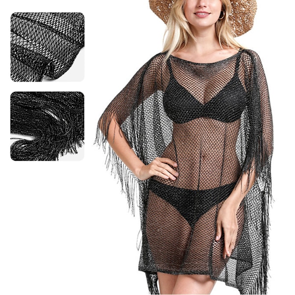 Kvinners sommerflaggermus ermet badedrakt cover up skinnende metallisk dusk strandkjole sexy hullet ut mesh nett topper Silver