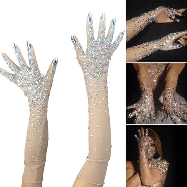 2-pak Rhinestones Netmønster Handsker Armlængde Handsker Bryllupsvanter
