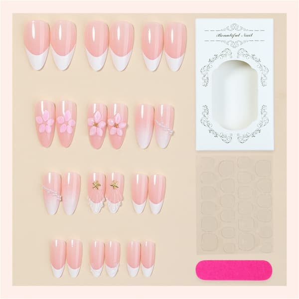 ABS Press On Manicure Pink Gradient 3D Blomst Fransk Kant Sæt