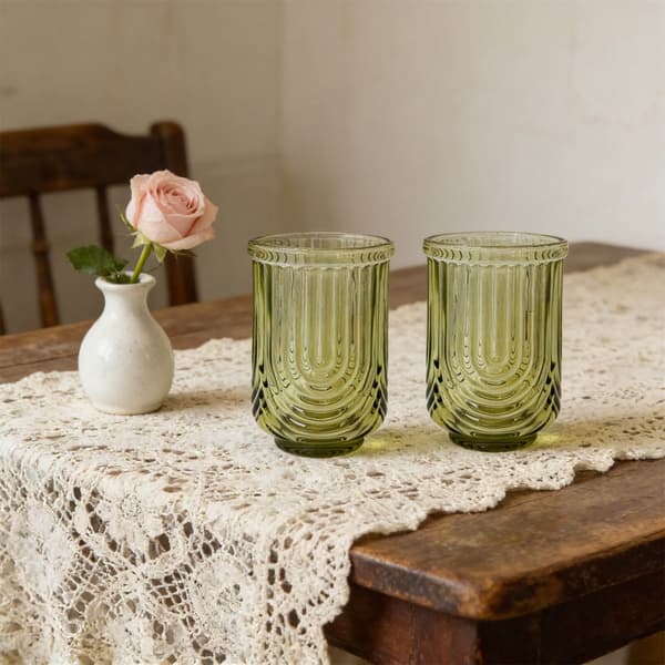 Förpackning med 6 gröna dricksglas i räfflat glas med bekvämt grepp