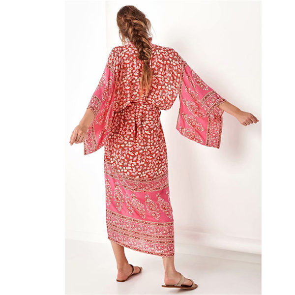 Dam Chiffon Kimono Cardigan Bohemisk Retro Röd Paisley Blommig