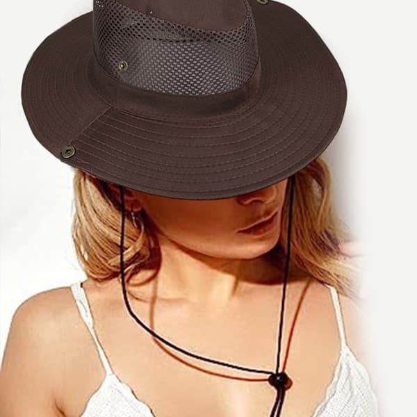 Camp Hat Solbeskyttelse Hat Brede Skygger Solhat Stor Hat med Halsreb Beige