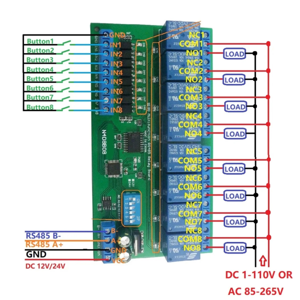 DC12V 24V multifunktions RS485-kort 8 optiskt isolerade ingångar & 8 reläer utgång Modbus RTU-modul null - 24V