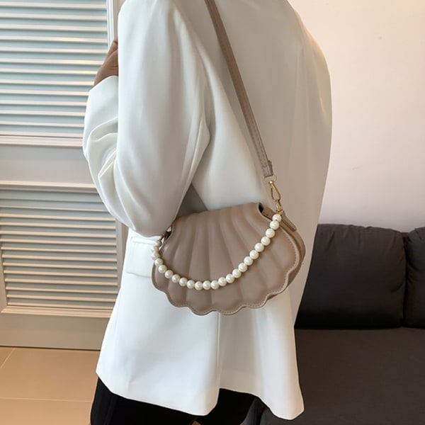 Muslingeskaller Aftentaske til Kvinder All-matching Shoulder Bag Pearl Chain Håndtaske White