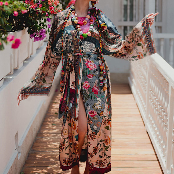 Kvinnors strandbadkläder täck upp Boho blommigt tryckt öppen framsida Kimono kofta Lon