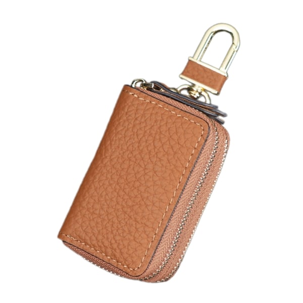Unisex herre dame dobbeltlags læder bilnøgleholder taske nøglering taske tegnebog med kroge lynlås lukning