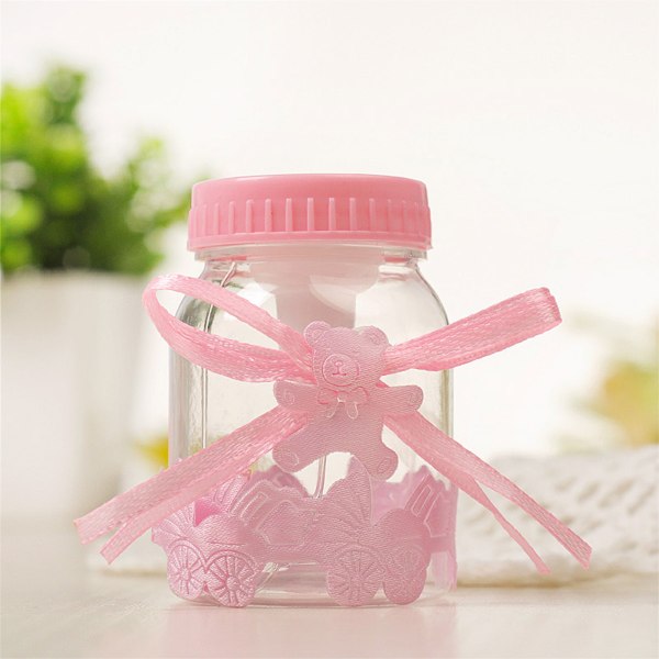 Söt mjölkflaska godislådor 12 st plast genomskinlig rosett Set för baby shower Dop Bröllop Pink
