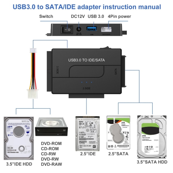 SATA till USB IDE-adapter USB3.0 Sata 2,5 tum/3,5 tum hårddisk HDD SSD USB null - AU
