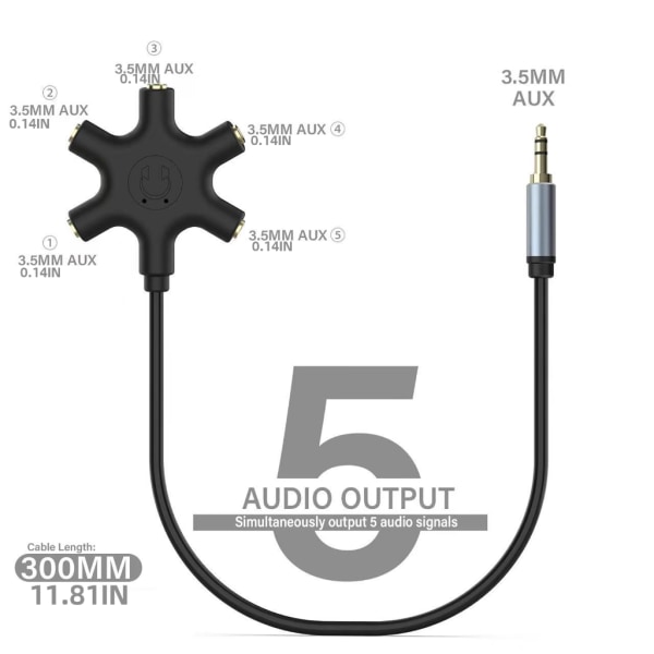 Hörlursdelarkabel 3,5 mm 1 hane till 5 honportar 3,5 mm dela adapter