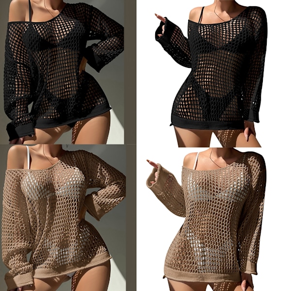 Kvinnors virkade sexiga långa mesh strandkläder täcker ihåliga ner sömn badkläder täcker Khaki