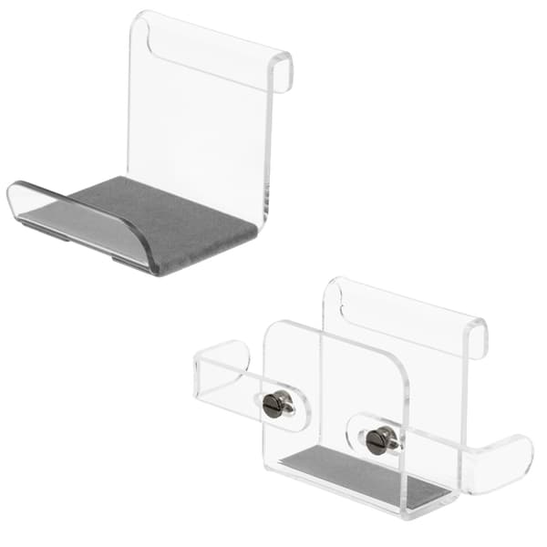 Kirkas akryylinen pelitarviketeline ergonomisella kaksoiskoukulla