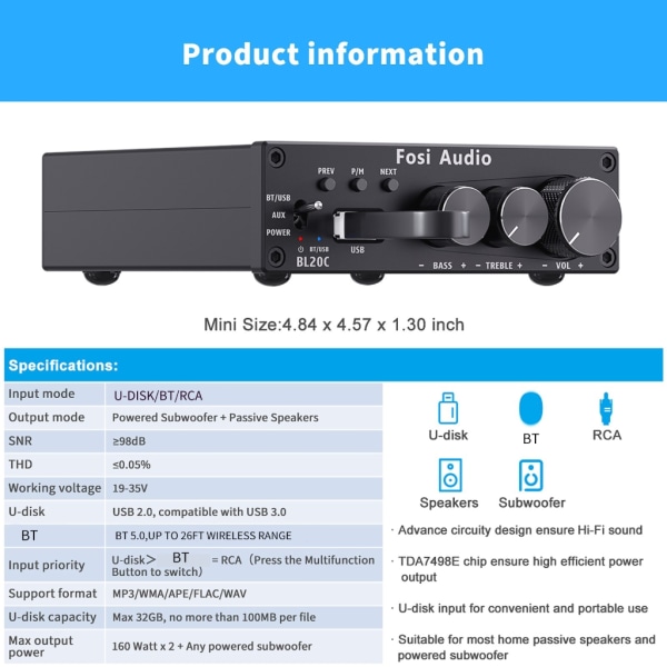 Innovativ 320W Mini Class D TDA7498E integrerad förstärkare 2.1-kanals ljudförstärkare null - AU