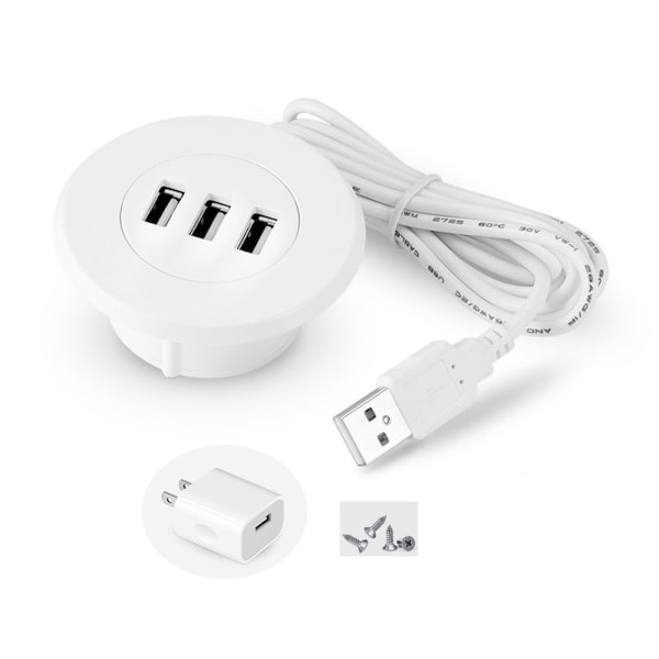 3-Port USB Skrivebordsoplader Desktop Ladestation monteres på 2,0"/50 mm gennemføringshul med adapter og 1,5 m strømkabel