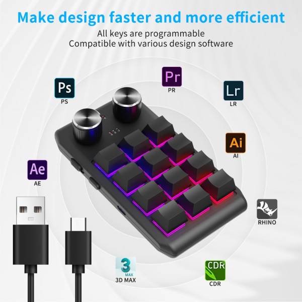 RGB-programmerbart makrotangentbord 12 tangenter Plug-Play Mini-tangentbord för enhandsspel Black