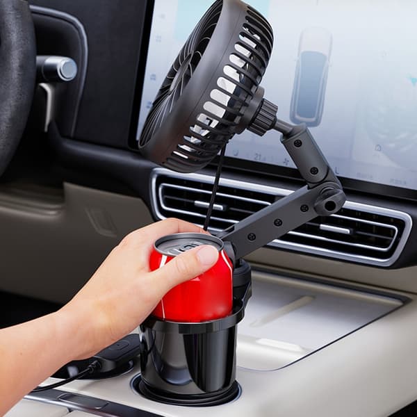 Roterende 3-trins USB-bilventilator med kopholderbase til SUV'er