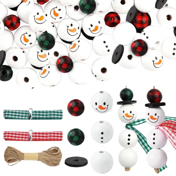 Jul Snögubbar Träpärlor Set, Vinter Träpärlor Julpärlor med Rep