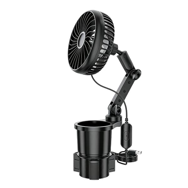 Roterende 3-trins USB-bilventilator med kopholderbase til SUV'er