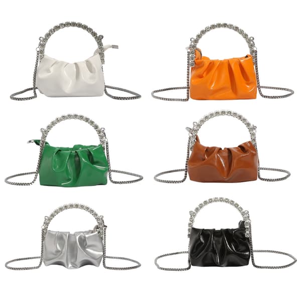 Mode veckade strass axelväskor Mini Mobilväska Crossbody Bag Silver