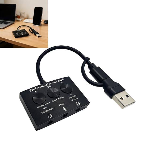 USB externt ljudkort med 3,5 mm stereoadapter för hörlurar och mikrofoner