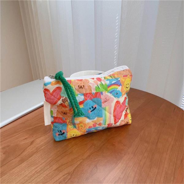 Quiltet makeuptaske Bomuldsmøntpung Sødt blomstermønster bærbar opbevaringstaske Polka dots